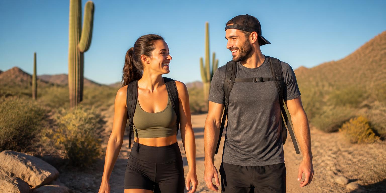 A healthy young couple hiking together on a sunny desert trail